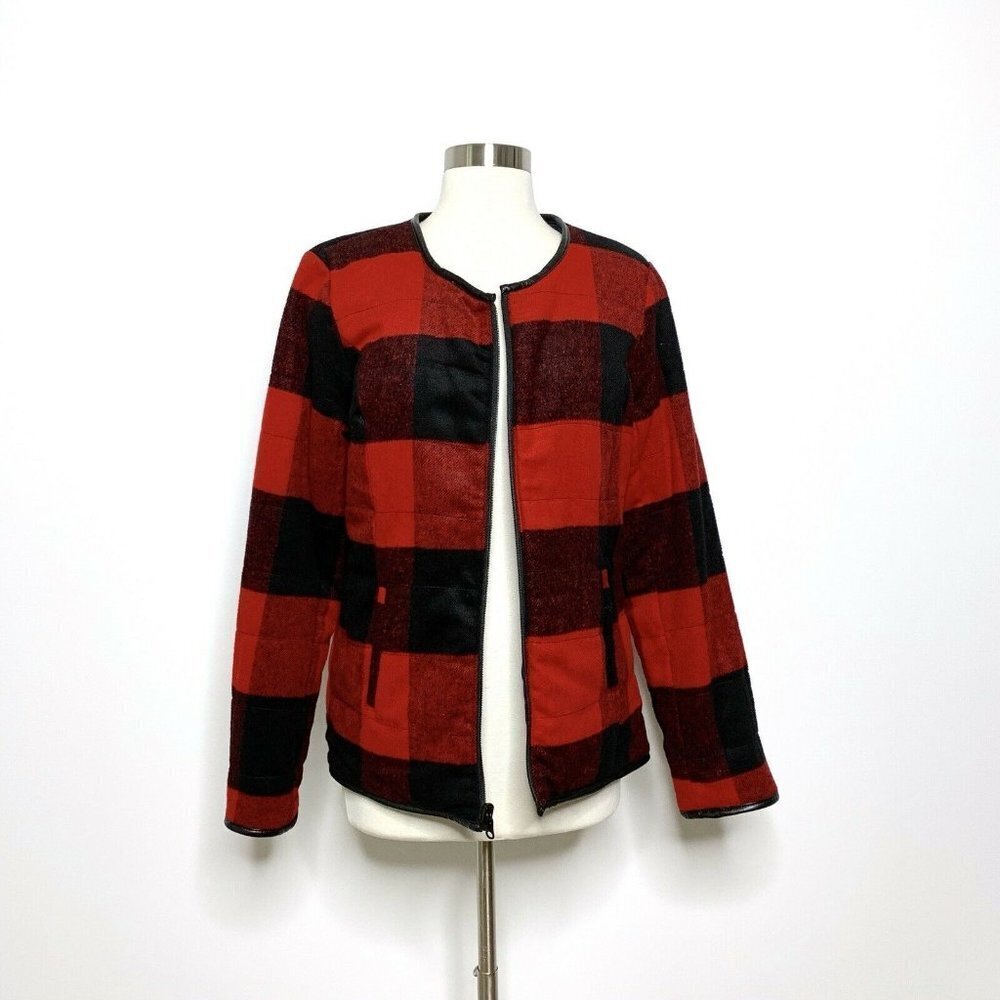 Tribal Jeans Womens Jacket Medium Buffalo Plaid Chambray Reversible Quilted Puff